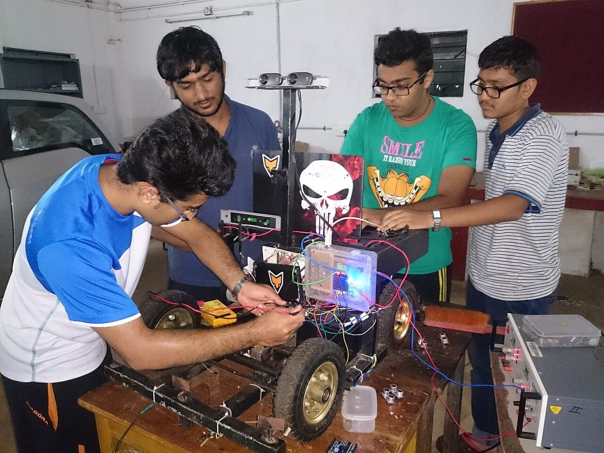 Students building a robot, Manipal, India